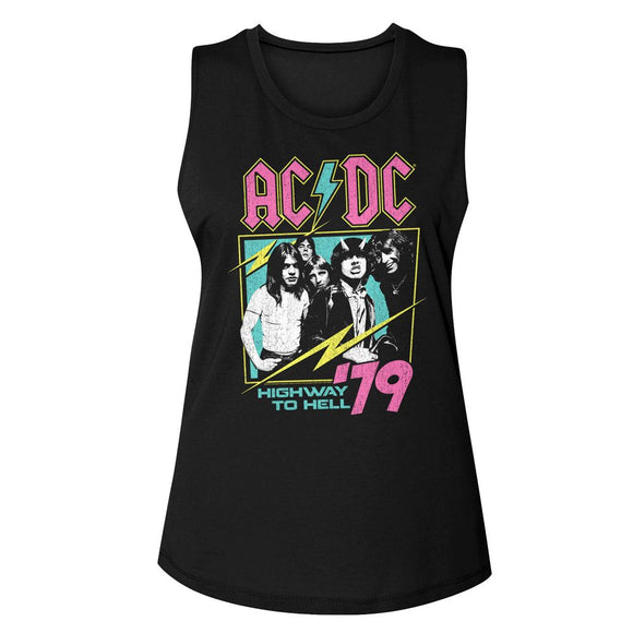 AC/DC Neon 1979 Highway to Hell Album Photo Ladies Sleeveless Muscle Black Tank Top - Yoga Clothing for You