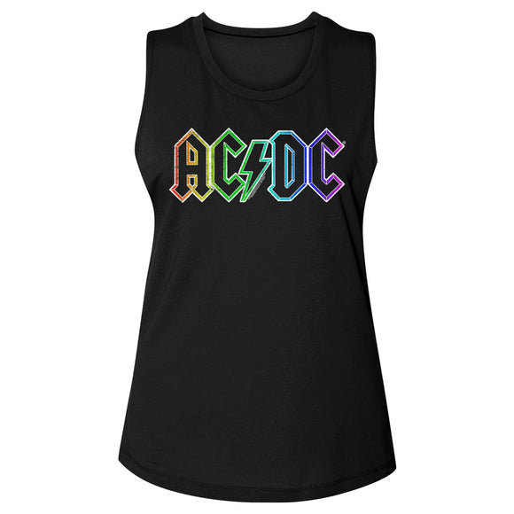 AC/DC Vintage Rainbow Lightning Bolt Logo Ladies Sleeveless Muscle Black Tank Top - Yoga Clothing for You
