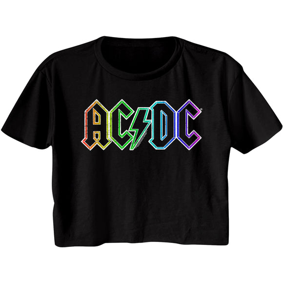 AC/DC Vintage Rainbow Lightning Bolt Logo Ladies Black Crop Shirt - Yoga Clothing for You