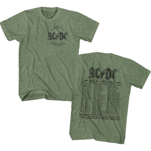 AC/DC 1976 High Voltage European Tour Front and Back Green Heather T-shirt - Yoga Clothing for You