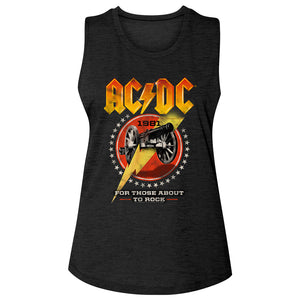 AC/DC 1981 For Those About To Rock We Salute You Album Ladies Sleeveless Crew Neck Slub Black Tee Shirt - Yoga Clothing for You