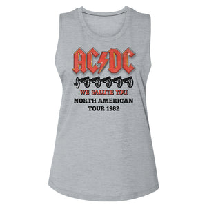 AC/DC 1982 Northern American Tour Ladies Sleeveless Crew Neck Slub Graphite Heather Tee Shirt - Yoga Clothing for You