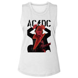 AC/DC Angus Young Horns Lightning Bolt Ladies Sleeveless Crew Neck Slub White Tee Shirt - Yoga Clothing for You