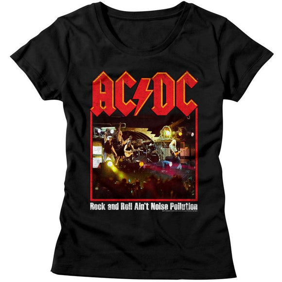 AC/DC Ladies T-Shirt Rock And Roll Ain't Pollution Poster Black Tee - Yoga Clothing for You