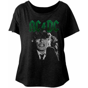 AC/DC Ladies Dolman T-Shirt Angus Growl Green Logo Black Tee - Yoga Clothing for You