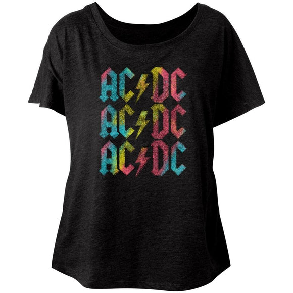 AC/DC Ladies Dolman T-Shirt Multicolor Logo Black Tee - Yoga Clothing for You