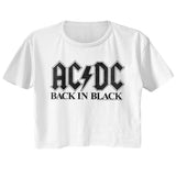 AC/DC Back in Black Font Ladies White Crop Shirt - Yoga Clothing for You