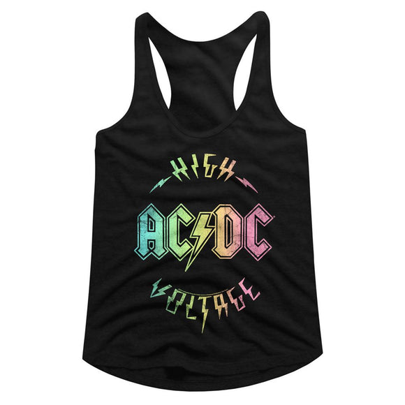 AC/DC Ladies Racerback Tanktop Vintage Rainbow High Voltage Album Black Tank - Yoga Clothing for You