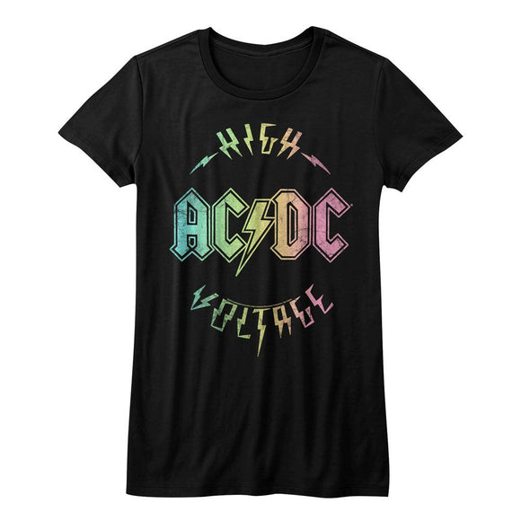 AC/DC Juniors T-Shirt Vintage Rainbow High Voltage Album Black Tee - Yoga Clothing for You