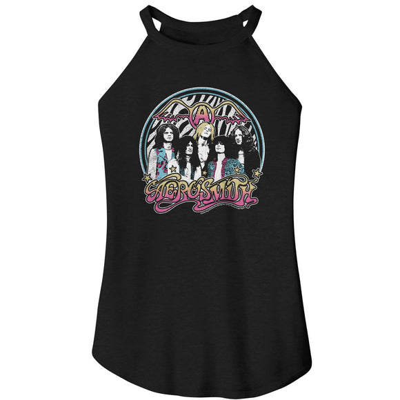 Aerosmith Group Photo in Circle Ladies Black Rocker Tank Top