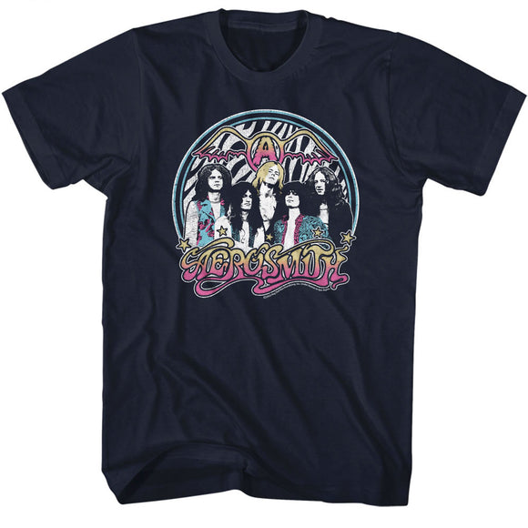Aerosmith Group Photo in Circle Navy Tall T-shirt