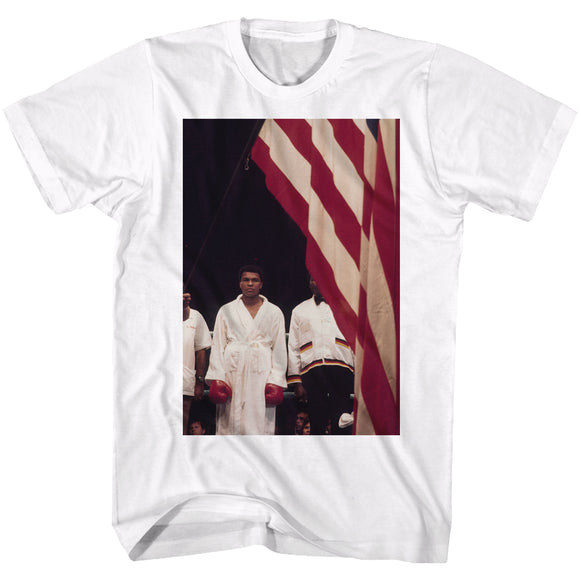 Muhammad Ali Tall T-Shirt Posing With American Flag White Tee - Yoga Clothing for You