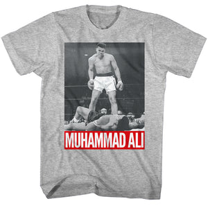 Muhammad Ali Tall T-Shirt Standing Over Liston Red Text Heather Tee - Yoga Clothing for You
