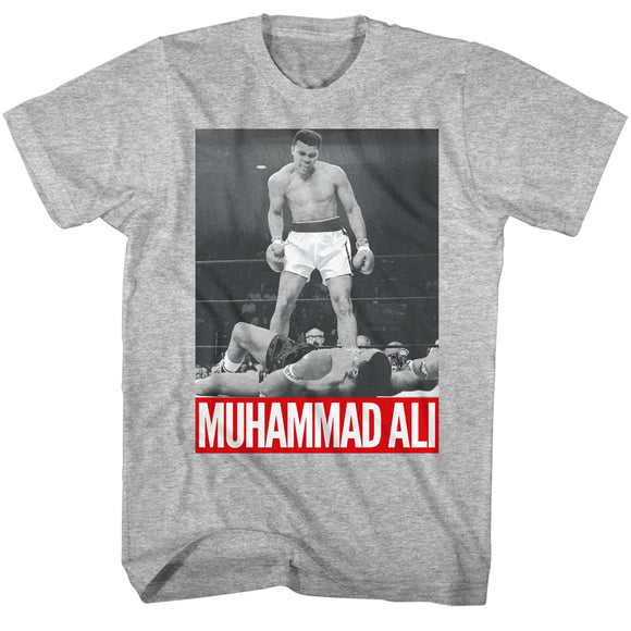 Muhammad Ali T-Shirt Standing Over Liston Red Text Heather Tee - Yoga Clothing for You