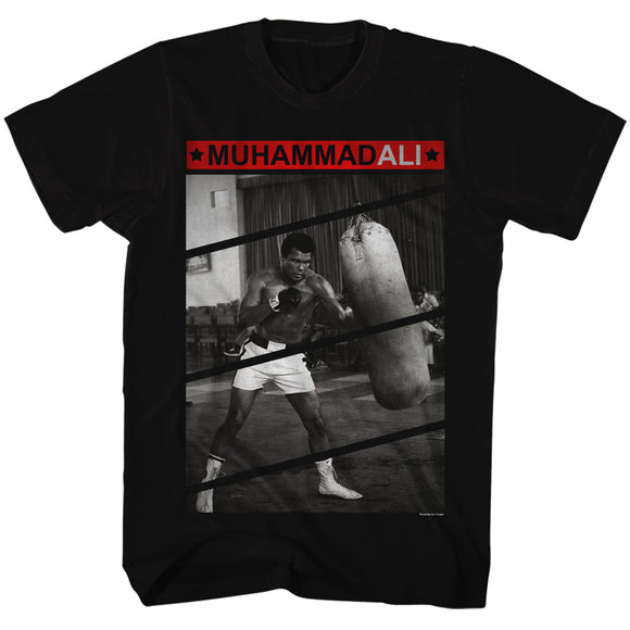Muhammad Ali Tall T-Shirt In The Gym Punching Bag Black Tee - Yoga Clothing for You