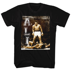Muhammad Ali T-Shirt Distressed Over Liston In Ring Black Tee - Yoga Clothing for You