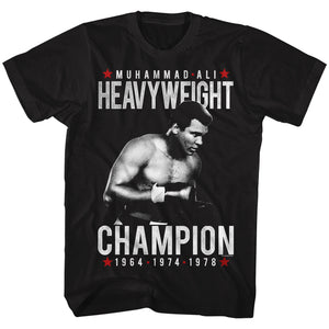 Muhammad Ali T-Shirt Heavyweight Champion 64 74 78 Black Tee - Yoga Clothing for You