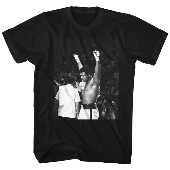 Muhammad Ali Tall T-Shirt B&W Hands In The Air Portrait Black Tee - Yoga Clothing for You
