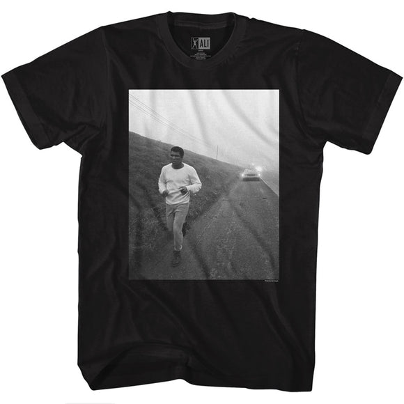 Muhammad Ali Tall T-Shirt B&W Jogging On Side Of Road Portrait Black Tee - Yoga Clothing for You
