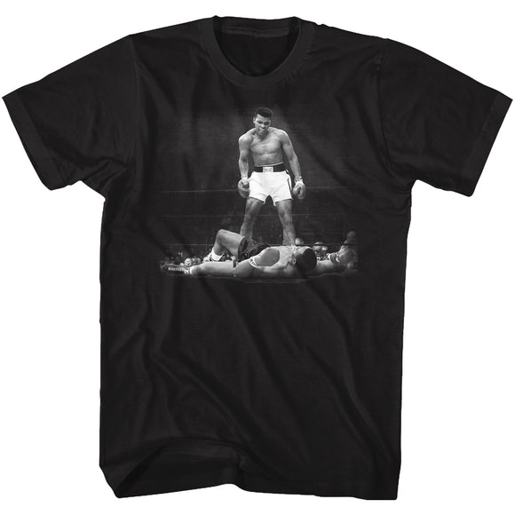 Muhammad Ali Tall T-Shirt B&W Ali Over Liston In Ring Portrait Black Tee - Yoga Clothing for You
