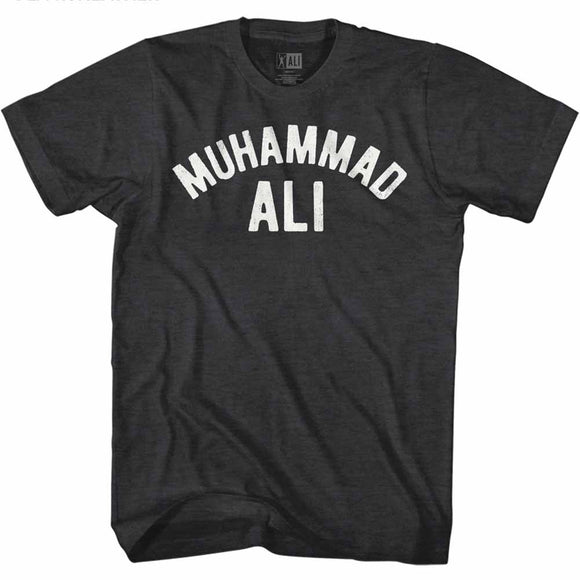 Muhammad Ali T-Shirt Distressed Arched White Logo Black Heather Tee - Yoga Clothing for You