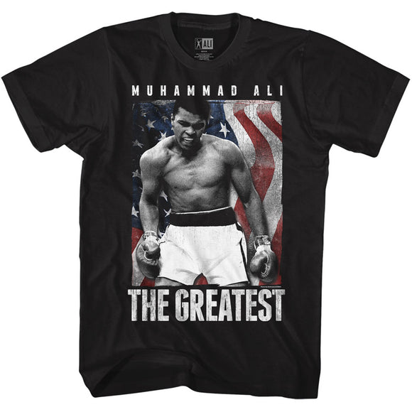 Muhammad Ali Tall T-Shirt Distressed American Flag Black Tee - Yoga Clothing for You