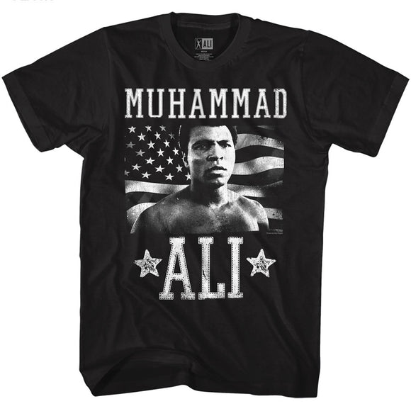 Muhammad Ali Tall T-Shirt Distressed B&W American Flag Black Tee - Yoga Clothing for You