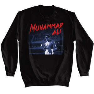 Muhammad Ali Pose in the Ring with Dramatic Text Black Sweatshirt