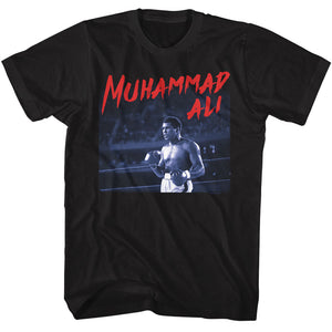 Muhammad Ali Pose in the Ring with Dramatic Text Black T-shirt