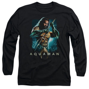 Aquaman Movie Long Sleeve T-Shirt Posing with Trident Black Tee - Yoga Clothing for You