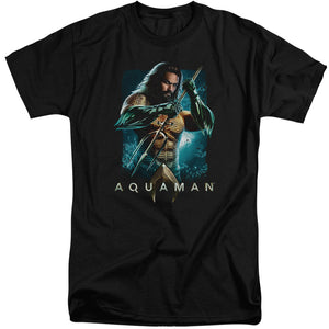 Aquaman Movie Tall T-Shirt Posing with Trident Black Tee - Yoga Clothing for You