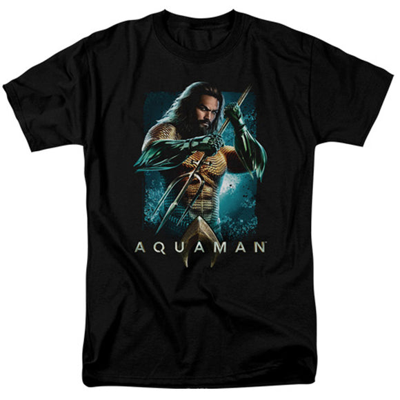 Aquaman Movie Heather T-Shirt Posing with Trident Black Tee - Yoga Clothing for You
