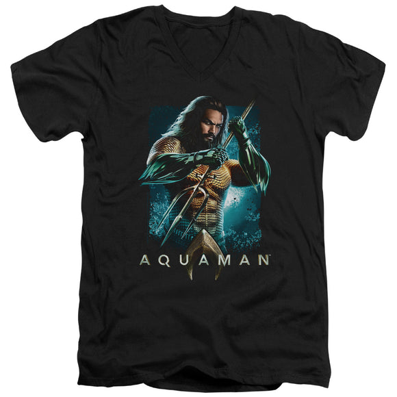 Aquaman Movie Slim Fit V-Neck T-Shirt Posing with Trident Black Tee - Yoga Clothing for You