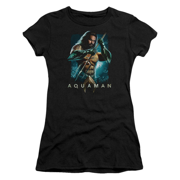 Aquaman Movie Juniors T-Shirt Posing with Trident Black Tee - Yoga Clothing for You