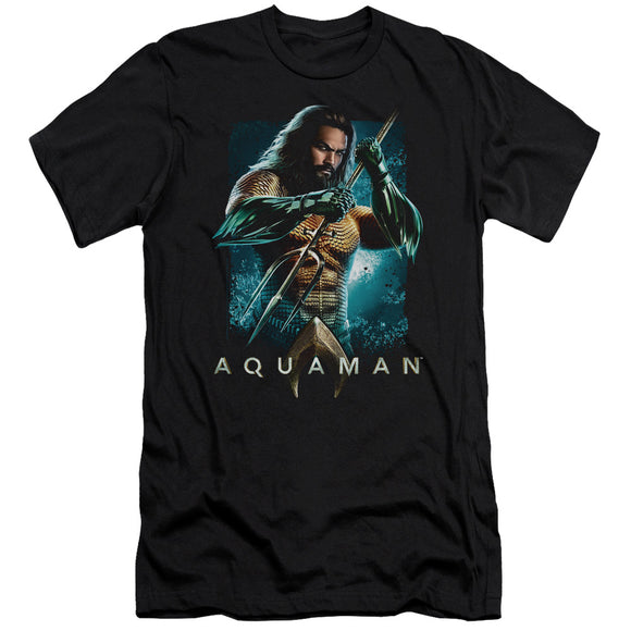 Aquaman Movie Premium Canvas T-Shirt Posing with Trident Black Tee - Yoga Clothing for You