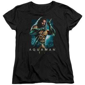 Aquaman Movie Womens T-Shirt Posing with Trident Black Tee - Yoga Clothing for You