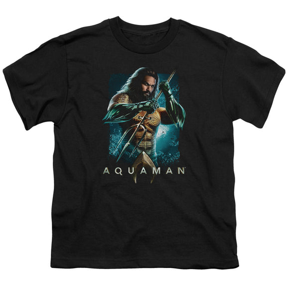 Aquaman Movie Kids T-Shirt Posing with Trident Black Tee - Yoga Clothing for You
