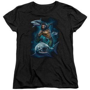Aquaman Movie Womens T-Shirt Swimming with Sharks Black Tee - Yoga Clothing for You