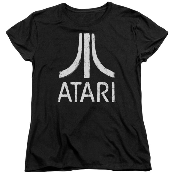 Atari Womens T-Shirt Distressed White Logo Black Tee - Yoga Clothing for You