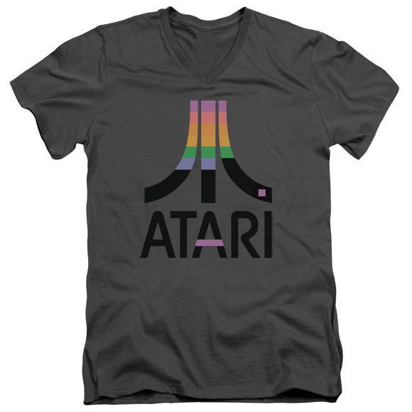 Atari Slim Fit V-Neck T-Shirt Retro Colors Logo Charcoal Tee - Yoga Clothing for You