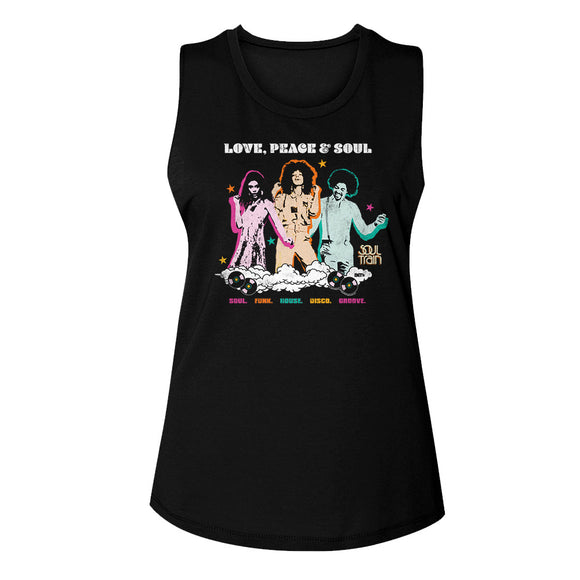 Soul Train Love Peace and Soul Music Ladies Sleeveless Muscle Black Tank Top - Yoga Clothing for You