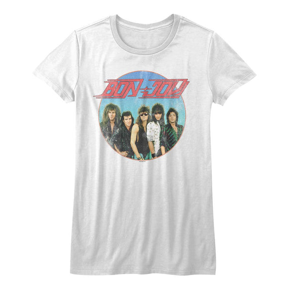Bon Jovi Vintage Group Photo Ladies White T-shirt - Yoga Clothing for You