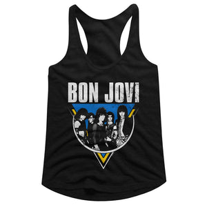 Bon Jovi Ladies Racerback Tanktop Distressed Black and White Group Photo Tank - Yoga Clothing for You