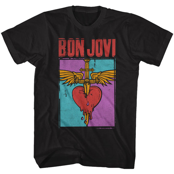 Bon Jovi Colorful Distressed Band Logo Black Tall T-shirt - Yoga Clothing for You