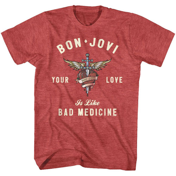 Bon Jovi Your Love Is Like Bad Medicine Red Heather T-shirt - Yoga Clothing for You