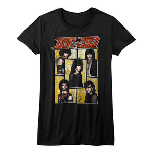 Bon Jovi Retro Group Collage Ladies Black T-shirt - Yoga Clothing for You