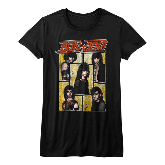 Bon Jovi Retro Group Collage Ladies Black T-shirt - Yoga Clothing for You