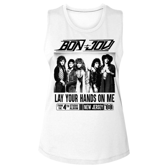 Bon Jovi Lay Your Hands on Me Ladies Sleeveless Muscle White Tank Top - Yoga Clothing for You