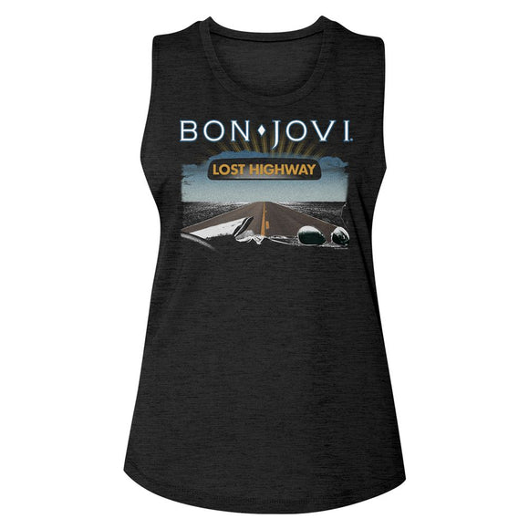 Bon Jovi Lost Highway Album Ladies Sleeveless Slub Muscle Black Tank Top - Yoga Clothing for You