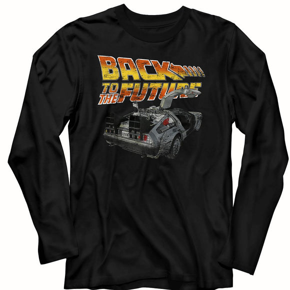 Back to the Future Long Sleeve T-Shirt Distressed DeLorean Black Tee - Yoga Clothing for You